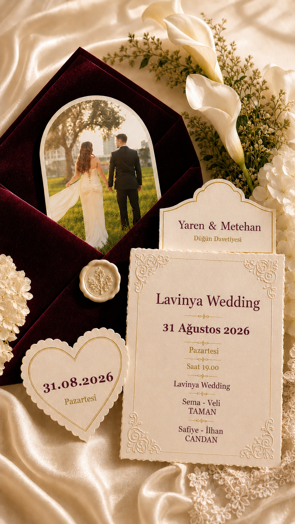 Luxury burgundy wedding invitation suite with ivory stationery and flowers